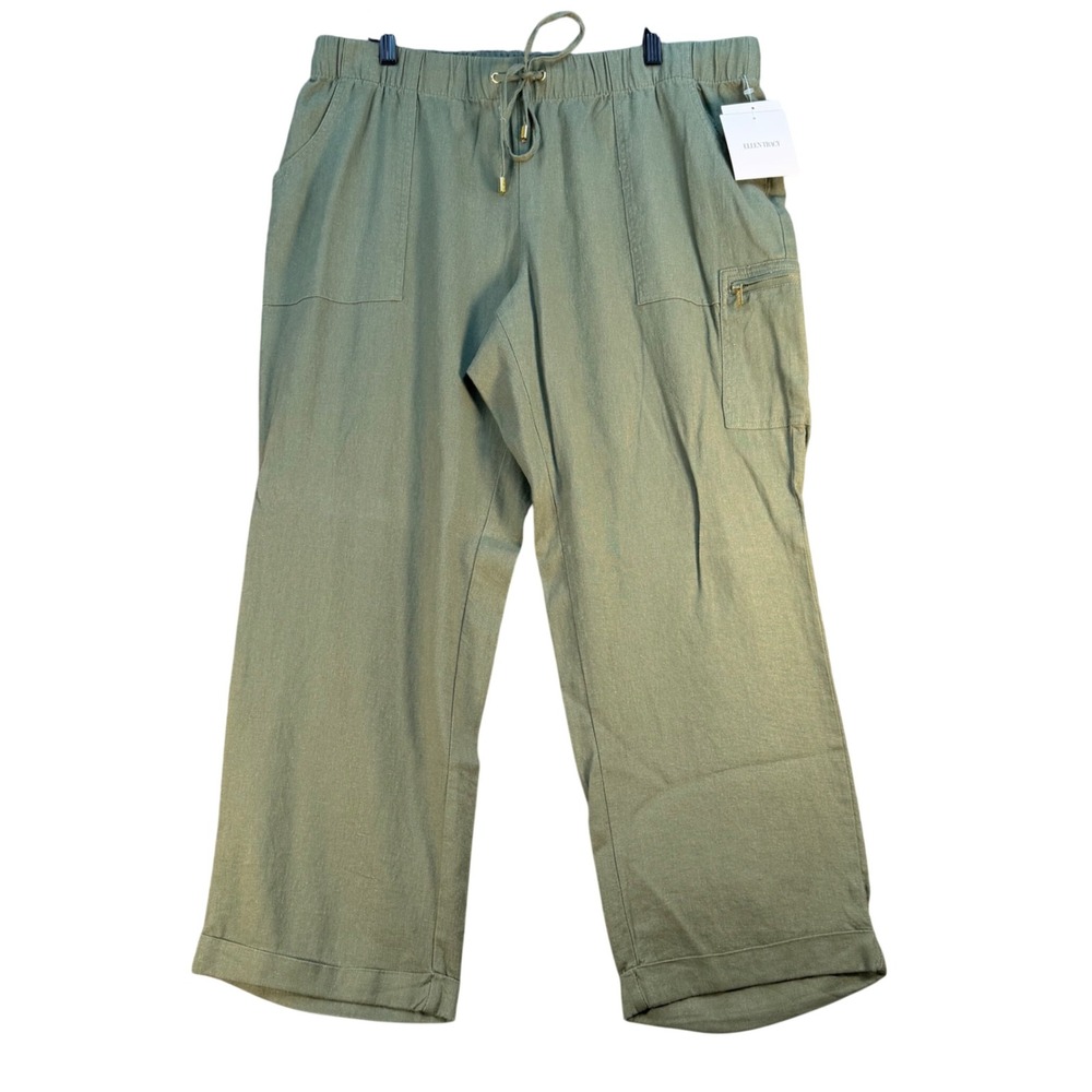 Ellen Tracy Womens Linen Blend Cargo Crop Pants Caper Green L NEW